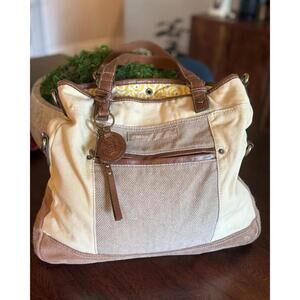 Vintage Fossil Canvas & Suede Tote with Org Key Charm